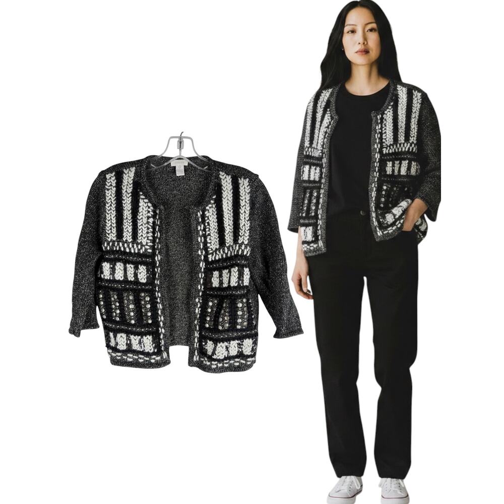 Chicos Embellished Open Cardigan Sweater Cotton Long Sleeve Size XS